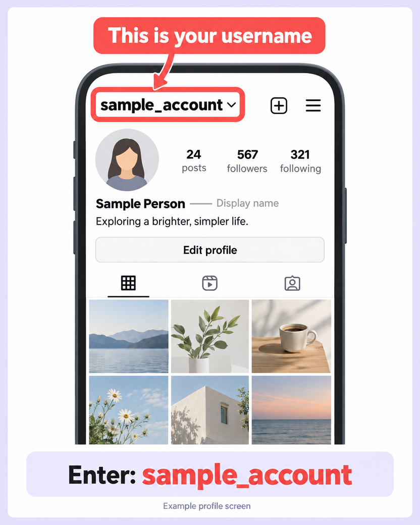 Illustrated Instagram profile: sample_account at the top is outlined in red. Sample Person below the avatar is the display name.